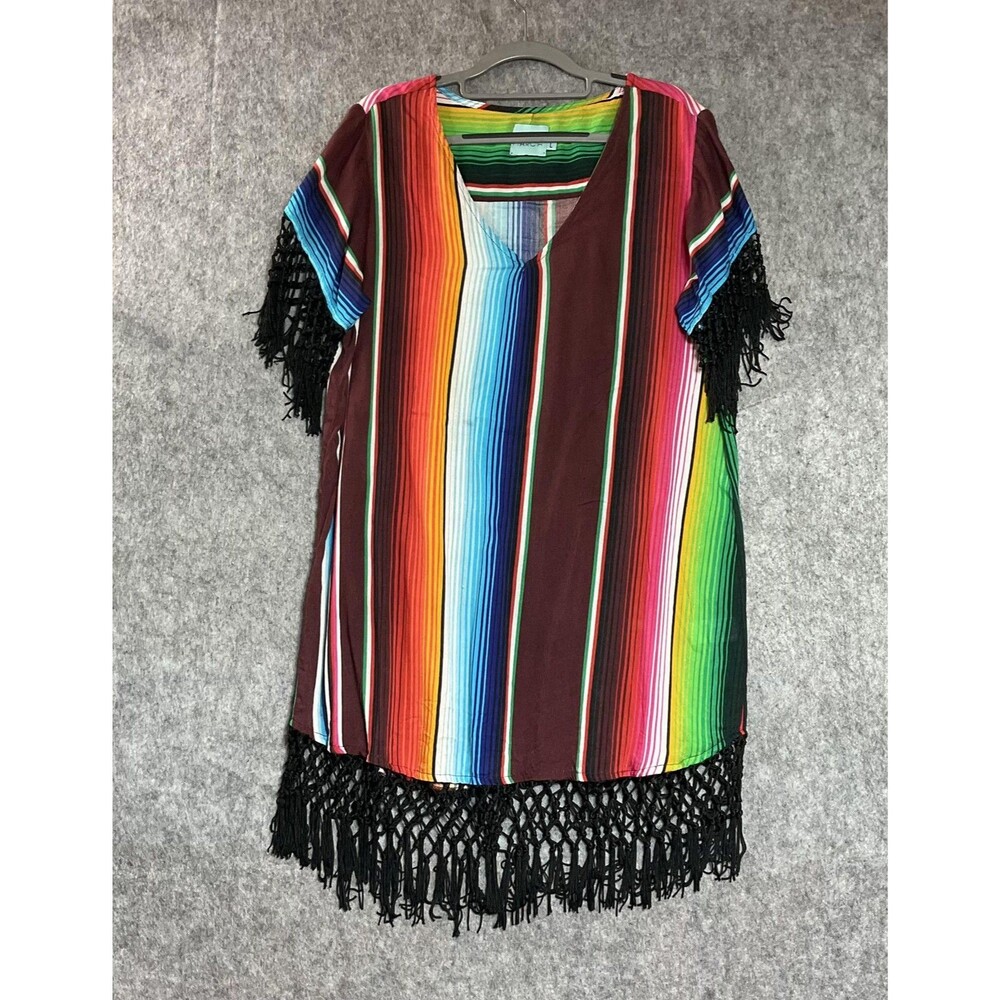 Judith March Dress Womens Large Multicolor Striped Fringe Rayon V-Neck Boho